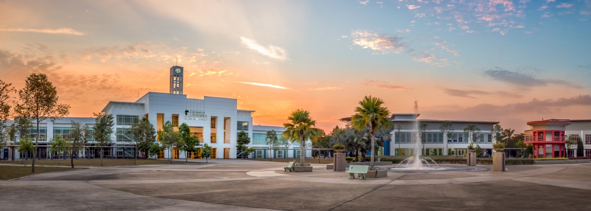 UNM Administration Building at dusk.