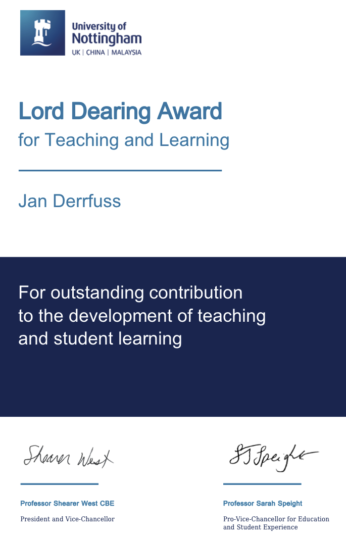 Lord Dearing Award certificate.