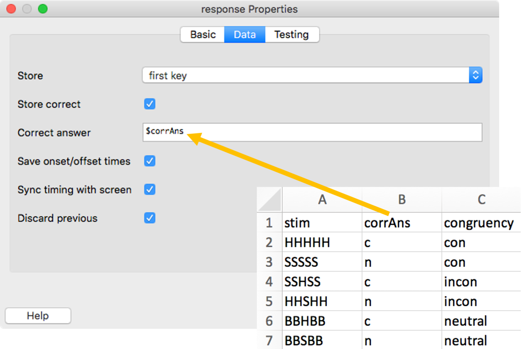 Screenshot showing a screenshot of the input file and the response properties of a Keyboard component, with an arrow pointing from the corrAns column of the input file to the 'Correct answer' property of the Keyboard component.