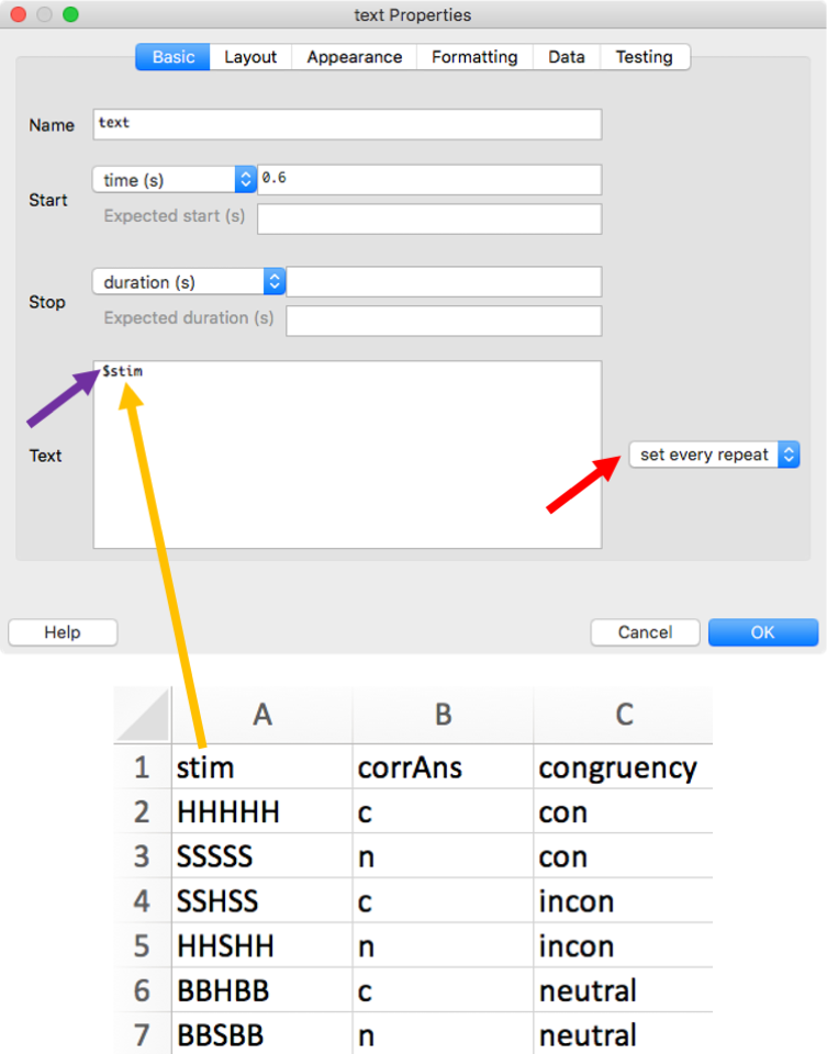 Using information from an input file in a Text component by linking a column in the input file to the Text property and setting the repeat type to 'set every repeat'.