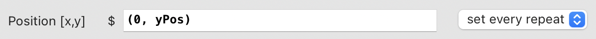 Screenshot showing the Position property set to (0, ypos) and 'set every repeat'.