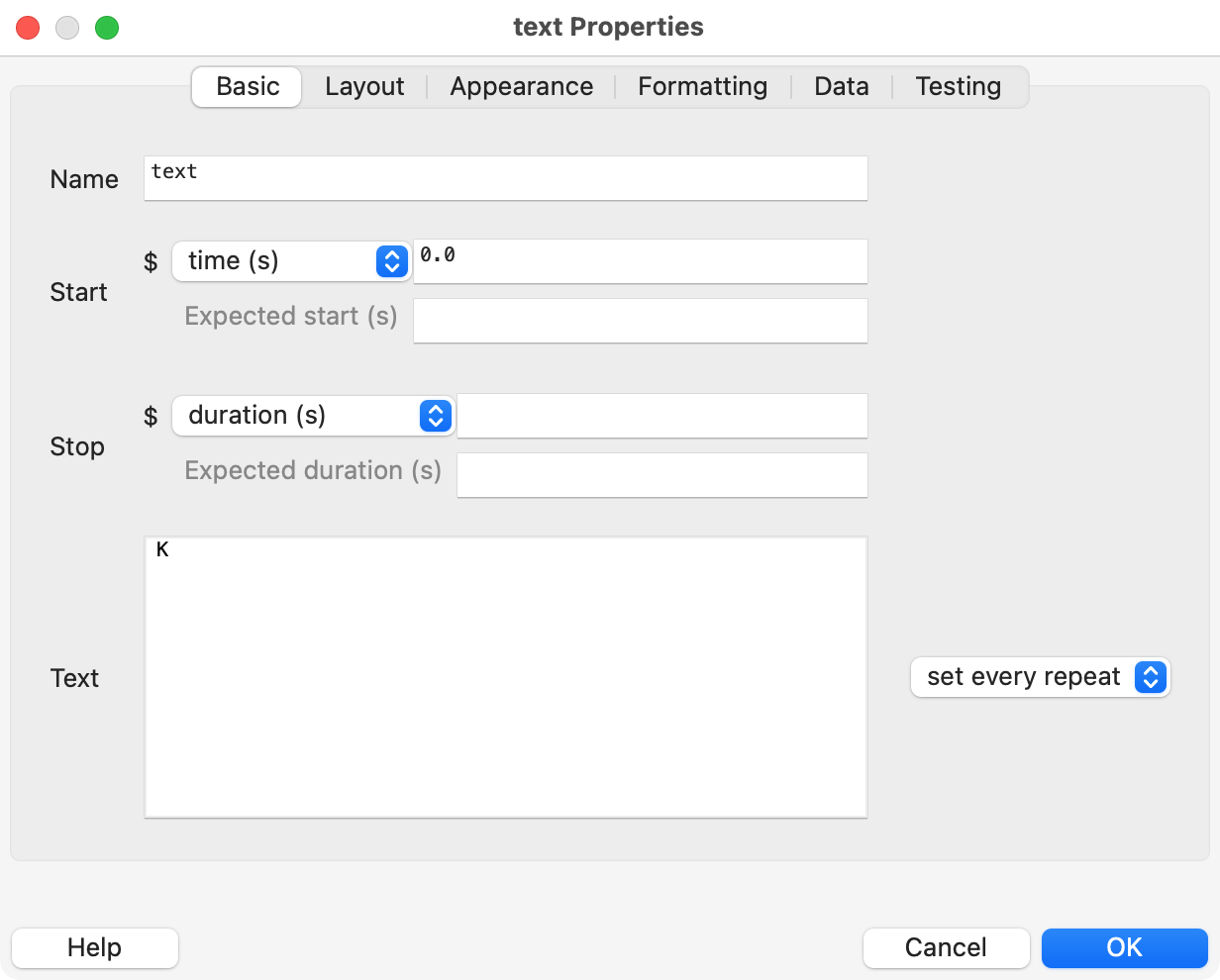 Text component properties. Text is set to 'K'. The component uses 'set every repeat'.