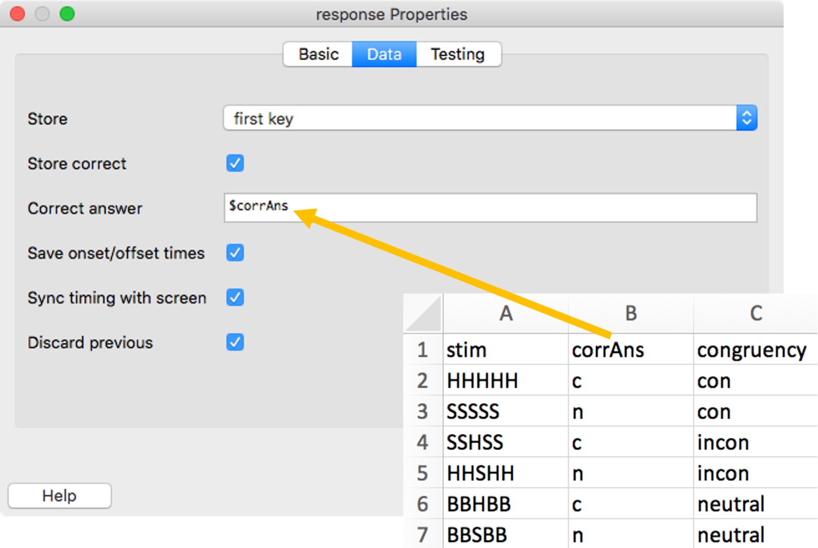 Screenshot of the conditions file and the response properties of a Keyboard component, with an arrow pointing from the corrAns column of the conditions file to the 'Correct answer' property of the Keyboard component.