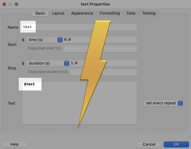 A text component named text that also uses a variable $text.